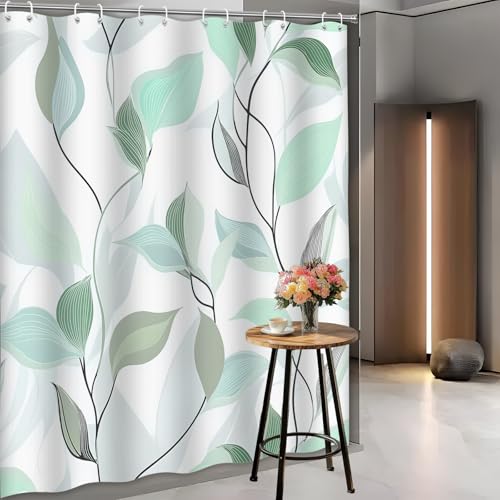 Rideau de douche botanique vert clair en polyester lavable avec 12 crochets 120x182 cm