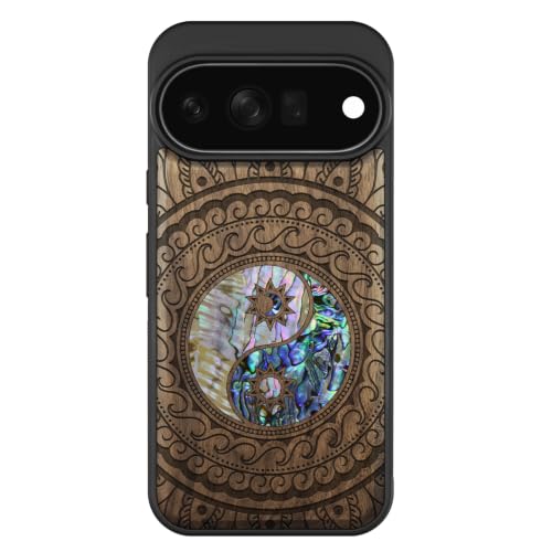 Coque Pixel 11 Pro Magsafe aimantée, étui bois noyer Yin Yang antichoc pour Google