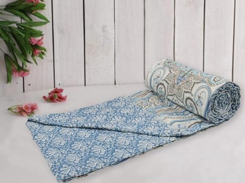 Trance Home Linen Premium 100% Cotton Dohar for Double Bed | 150 GSM | Reversible Ac Comforter | Light Weight All Season Soft Blanket (84x90 Inches | Nargis Blue)