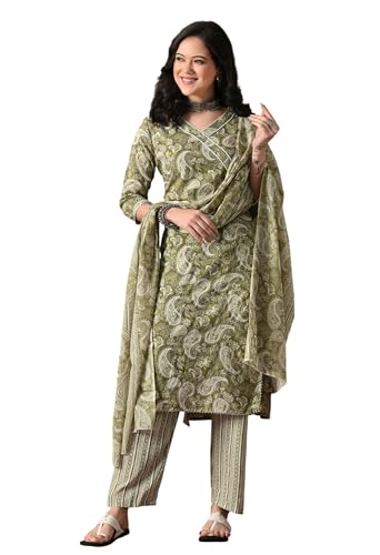 Image of Amazon Brand - Tavasya Women Cotton Anarkali Kurta Pant Dupatta Set | Printed Ethnic Suit Set | Flared Anarkali Kurta with Pant & Dupatta | Festive & Casual Wear