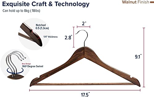 Image of Wooden Hanger Premium Wood with 360 Swivel Hook and Precisely Cut Notches for Dress Clothes, Coats, Jackets, Pants, Shirts, Skirts Hanger (Walnut Hanger, 30)