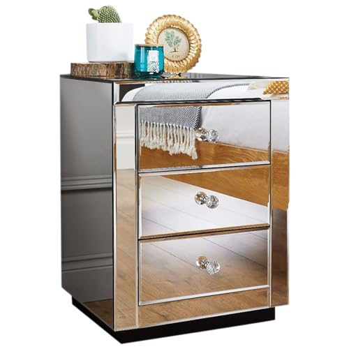 Furniturebox UK Mirror Bedside Table - Italian Mirrored Bedside Table With 3 Drawers, Modern Side Cabinet For Bedroom With Cut Glass Drawer Knobs - Image 3
