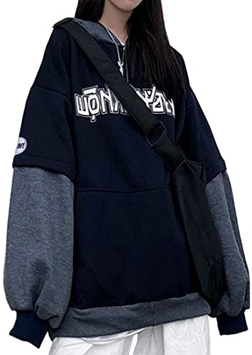 WINKEEY Women Japanese Kawaii Print Hoodie Y2K Gothic Sweatshirt Cute Harajuku Pattern Long Sleeve Pullover Navy Blue M