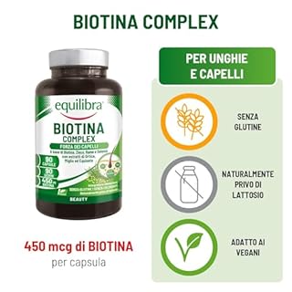 Equilibra Biotina Altodosata 450 mcg, per Capelli e Unghie, con Zinco, Rame, Selenio, Estratti di Ortica, Miglio, Equiseto, Vegan, Senza Glutine, Privo di Lattosio, 90 Capsule