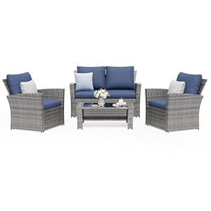 Amopatio 4-Piece Outdoor Wicker Patio Furniture Set, PE Rattan Sectional Sofa with Thick Cushions & Tempered Glass Table, Weather-Resistant Patio Conversation Sets for Balcony, Backyard, Navy Blue