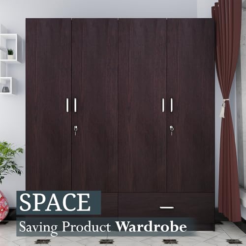 Image of VIKI Wardrobe | Wooden Almirah for 4 Door Wardrobe with 2 Split Drawer & Hanging Space (Dark Wenge - 40D x 160W x 180.8H) | 1 Year Warranty | Free Assembly