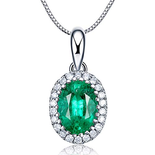 Carleen 14k Solid White Gold 0.46ct Natural Green Emerald Necklace, Small Halo May Birthstone Necklace Oval Shape Pendant with 0.06cttw Diamond, Fine Jewelry Gift for Women, Length 18 Inch