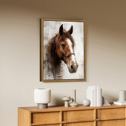 Image of Horse Wall Art Framed Horse Pictures Wall Decor Western Horses Portrait Canvas Prints Vintage Animal Painting Rustic Farmhouse Neutral Artwork for Living Room Bedroom Office Home Decorations 16x24