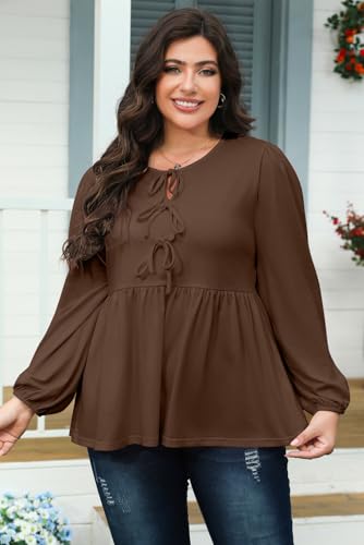 AlvaQ Womens Plus Size Tops Bow Tie Front Puff Sleeve Crewneck Babydoll Peplum Blouse Shirt L-4XL2