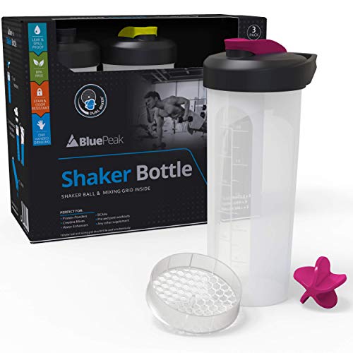 BluePeak Protein Shaker Bottle 28-Ounce, 3-Pack, with Dual Mixing Technology. BPA Free, Shaker Balls & Mixing Grids Included (Black, Yellow & Pink) - Thumbnail 2
