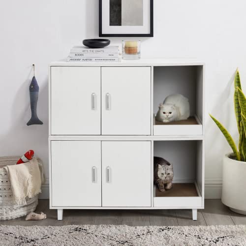 Richya Cat Litter Box Enclosure, Modern Wood Pet Crate Cat Litter Box Furniture Hidden Cat Washroom Furniture House Table Nightstand With Cat Scratch Pad (White) #TOP6