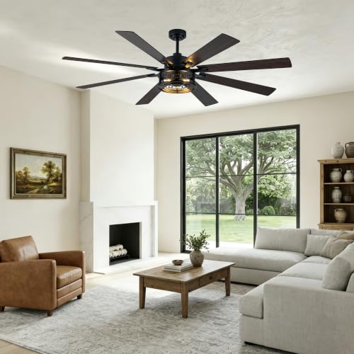 Image of 72 Inch Farmhouse Ceiling Fan with Lights Remote Rustic Fandelier | Black Caged Fandalier Ceiling Fan Industrial Large Chandelier, Reversible 6 Speed 8 Dual Blades 3 E26 Sockets for Living Room