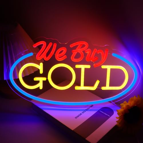 Image of We Buy Gold Neon Sign for Wall Decor, Dimmable Gold Jewelry Shop Store Light up Display LED Light, Red and Yellow Neon Lights for Accessory Store