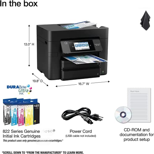 Epsonworkforce Pro Wf-4833 Color Inkjet Printer - Wireless All-In-One, Print, Scan, Copy, Fax - Ethernet, 25Ppm, Auto 2-Sided Printing, 50-Sheet Adf - High Productivity Quality, Nowco Cloth #TOP1