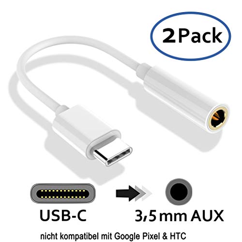 2X USB C auf 3,5 mm Audio Klinke Buchse Adapter Kabel für Musik Kopfhörer AUX I Huawei P20 Pro, Mate 10 Pro, Xiaomi Mi6, Mi Mix 2, Mi Note 3 I Set: 2 Stück I Weiß I Nicht FÜR Google Pixel & HTC