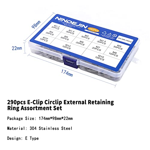 NINDEJIN E-Clip Retaining Rings Assortment Set, 304 Stainless Steel External Snap Ring Clip Kit, 1.2-15mm(13Sizes)E Circlip Retainer Rings for Projects–Car Engines, Locking Mechanisms and Other Shafts