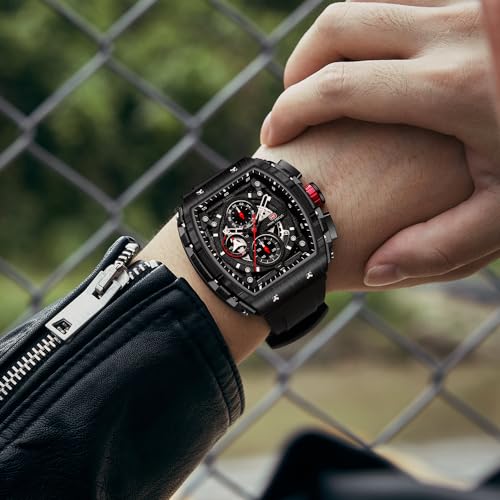 MF Mini Focus Men's Watch Fashion Tonneau Wrist Watches (Chronograph/Waterproof/Luminous/Calendar) Silicon Strap Quartz Watch for Men