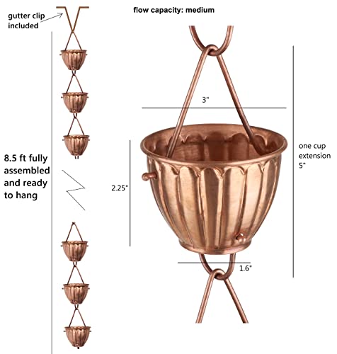 U-Nitt Rain Chains, Roof Gutter Downspout/Spout Channel, Rainwater Water Catcher/Diverter, 8.5 Feet Length, Metal, Pure Copper, Ribbed Bowl, 5555 #TOP1
