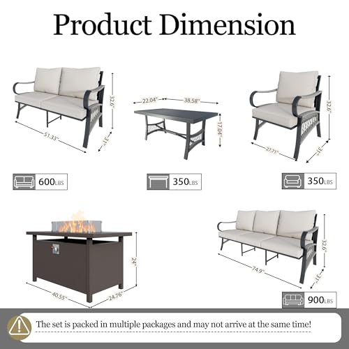 Image of 6-Piece Outdoor Furniture Set, Patio Conversation Set Include 3-Seater Sofa Single Chairs Loveseat Couch with Coffee Table and Fire Pit Table for Deck, Porch (Beige Cushions)