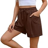 Jamicy Baumwolle Leinen Shorts Damen Sommer Freizeitshorts Einfarbige Casual Sporthose Kurz Elastische Sommershorts Freizeit Fashion Sportshorts Mit Taschen Outdoor Bequeme 01 Braun XL