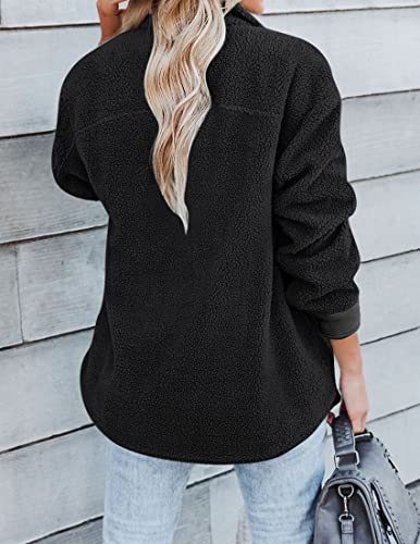 Zesica Womens Winter Casual Sherpa Fleece Jacket Long Sleeve Button Solid Warm Fuzzy Outwear Coat Pockets,Black,Large #TOP3