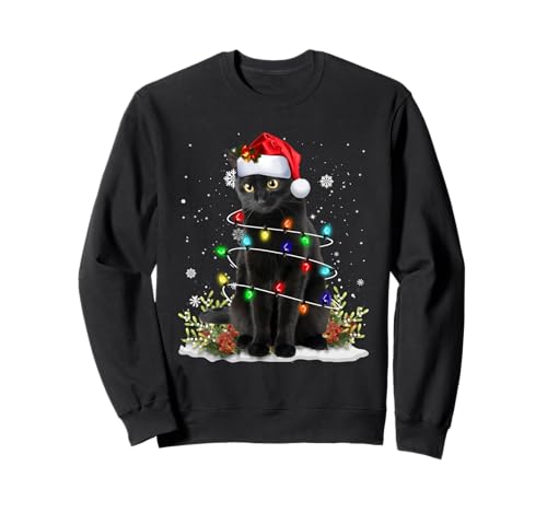Black Cat Santa Christmas Tree Lights Family Matching Pajama Sweatshirt