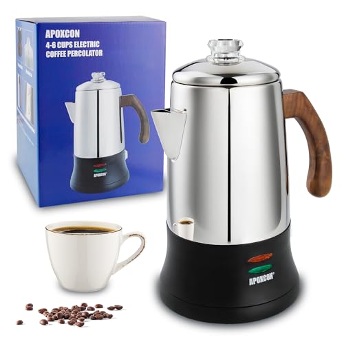 APOXCON inox Percolateur café électrique, verre résistant, bouton infusion transparent, marche/arrêt, maintien chaud, sans fil, 6 tasses, pour maison/hôtel