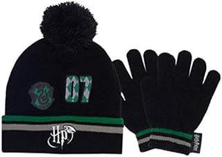 Harry Potter Slytherin 07 Beanie and Gloves Set, Kids, One Size, Black, Official Merchandise