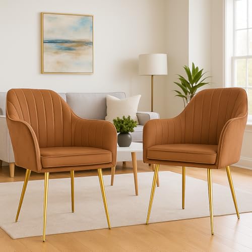 Image of Velvet Accent Chair | Luxury Upholstered Armchair with Sturdy Metal Legs | Modern Comfortable Chair for Living Room, Bedroom, Office, or Cafe (Golden Legs, Light Brown 2pc)