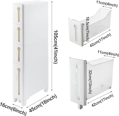 Cassettiera sottile con 4 cassetti e 2 rotelle, armadio da bagno stretto per piccoli spazi