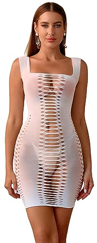 Bommi Fairy Women's Sexy Fishnet Lingerie Cut Out Mini Dress Bodysuit Bodycon Dress Scoop Neck Teddy Breasted Skirt (White)