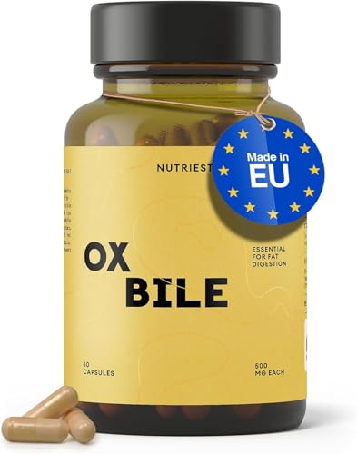 Nutriest Cápsulas de Sales Biliares de Buey (60 unidades) – 500 mg de bilis de buey | Sales biliares de res de Europa | La bilis apoya la digestión normal de las grasas | Fabricado en Europa