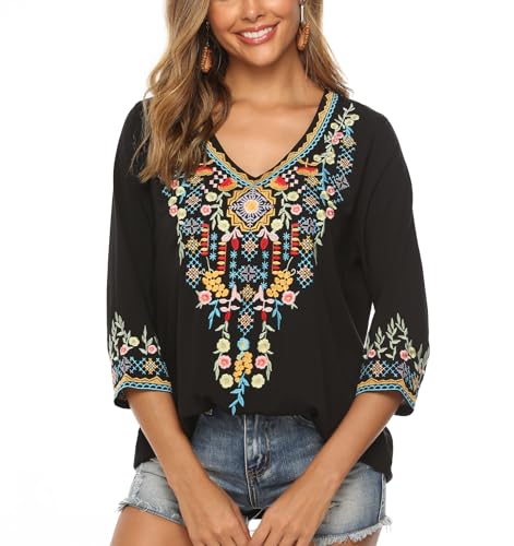 Higustar Mexican Tops for Women Embroidered Shirts Bohemian Hippie Clothes Tunic Fiesta Plus Size Boho Peasant Blouses