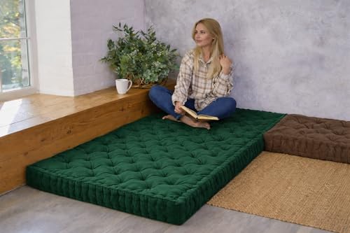 Image of ATOOTFUSION Soft Cotton Floor Box Mattress, 5-Inch Thick, Foldable, Movable, Medium Firm, Solid Colored (Bottle Green, Queen 48X72X5 Inches)