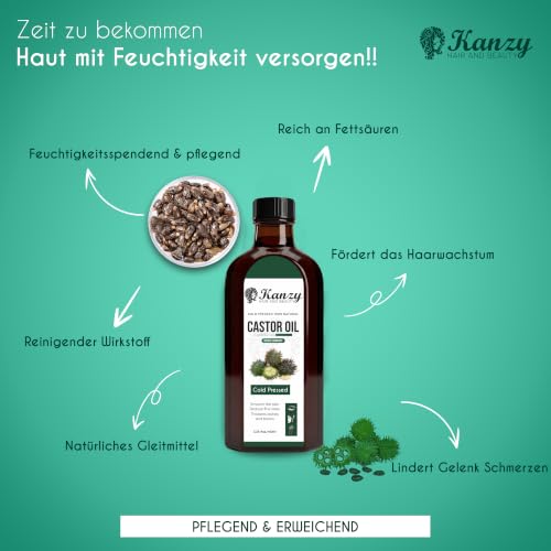 Kanzy Rizinusöl Kaltgepresst 100ml, Castor Oil for Hair Growth Natürlich Rizinus Öl für Körper, Haare, Nägel, Wimpern, Augenbrauen – Ansicht 4