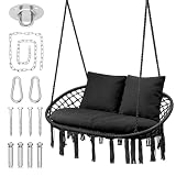 MoNiBloom 2 Seat Hammock Chair Hanging Macrame Swing 3 Cushions Included, Indoor/Outdoor Boho Chair for Adults, Max 700 lbs Capacity Patio Hanging Chair Porch Hammock Chair Hanging Rope Swing, Black
