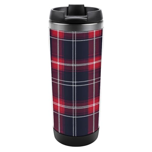 Image of Tartan Plaid Scottish Red and Blue Coffee Cup Travel Mug Leakproof Insulated Water Bottle for Office Camping