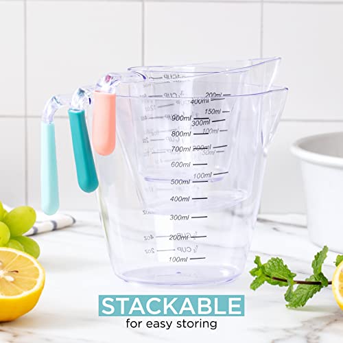 Social Chef 3-Piece Liquid Measuring Cups - Stackable Clear Plastic Measuring Cups With Soft Grip Handles - Bpa Free And Nesting For Easy Storage - Measures Up To 4 Cups / 32Oz (Teal) #TOP5