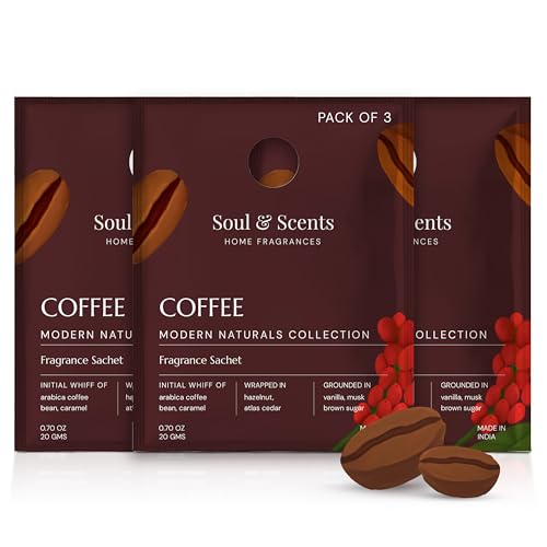 Image of Soul & Scents Coffee Fragrance Sachet | A Blend of Arabica Coffee, Caramel & Vanilla | Long-Lasting Air Freshener for Car, Wardrobe, Kitchen, and Travel Bag | Pack of 3-20gm Each