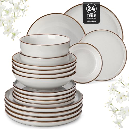 vancasso LOIRE Assiettes Service de Table 6 Personnes - Vaisselle 24 Pièces en Grès - 6 Assiette Plates, Dessert, Creuses et Bols à Céréales - Passe au Micro-Ondes et Lave-Vaisselle - Glaçure Gris