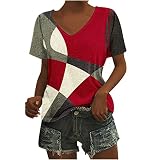 QUINTRA Elegantes Kurzarm-Oberteil für Damen, modisch, lässig, Bedruckt, mit V-Ausschnitt Ohrringe (Red, XXL)