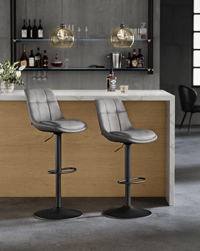VASAGLE Bar Stools Set of 2 Kitchen Chair Adjustable Height Swivel Seat PU Padded Seat with Backrest and Footrest Dining Room Counter Top Steel Dove Grey LJB095G01