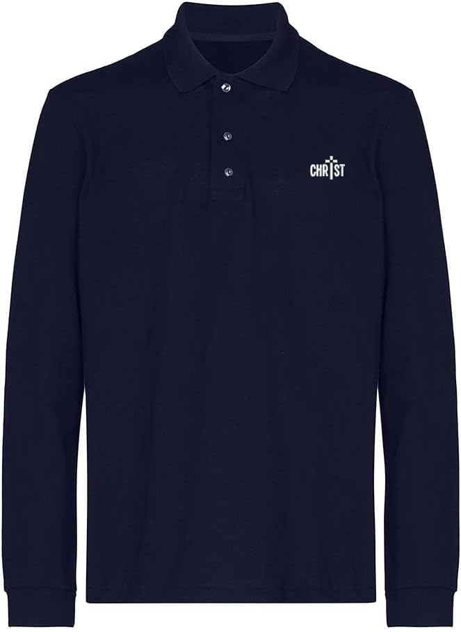 Polo Shirts for Men Christ Cross Jesus Embroidered Long Sleeve Mens Polo Shirts