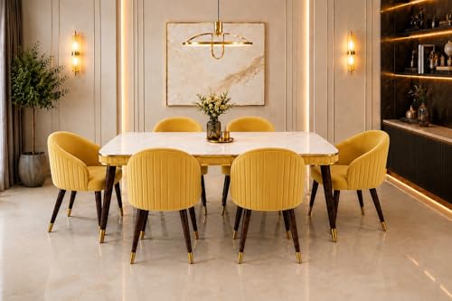 Image of WOODEN SPACE 6-Seater Wooden Dining Table Set | Nano Composite Marble Top | Solid Wood Base | Modern Dining Room Furniture with 6 Chairs (Yellow)