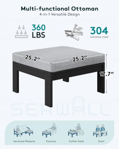 Image of SERWALL HDPE Outdoor Ottoman with Cushions for Outdoo Sofa | Black Frame & Gray Cushions