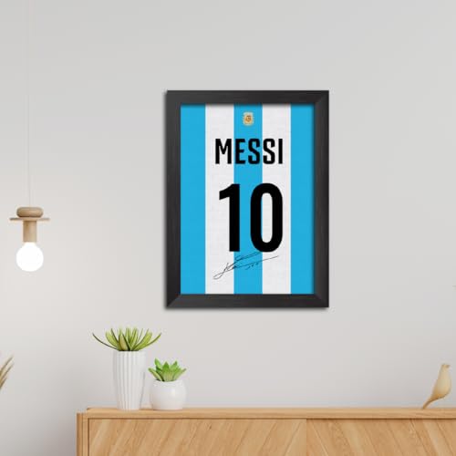 Image of TenorArts Lionel Messi Poster Frame Argentina Worldcup Jersey Laminated Photo Print with Signature Framed Painting with Matt Finish Black Texture (12 inches x 9inches)