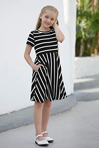 Gorlya Girl's Short Sleeve Floral Print Casual Fit And Flare Party Dress With Pockets 4-12 Years (Ga1002, 7-8Y, Black Stripe) #TOP3