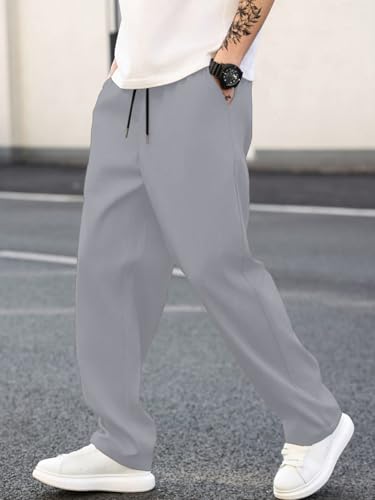 Image of MULAVRI Solid Drawstring Relexed Fit Modern Straight Leg Pants for Men's