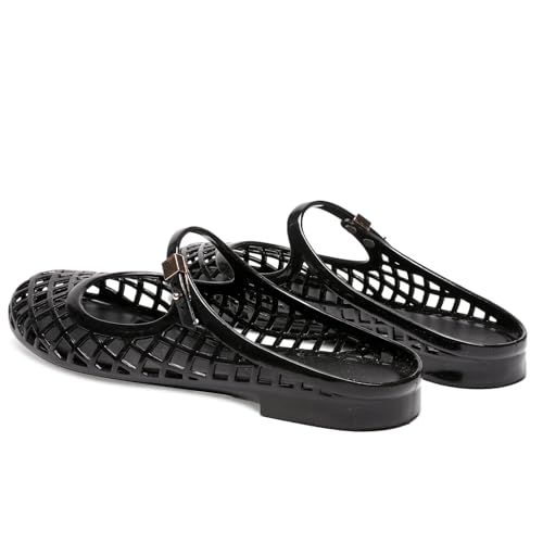 CEFISOP Clear Jelly Slide Sandals for Women Slip On Closed Round Toe Mesh Hollow Flat Mary Jane Mules Beach Jellies Comfortable Buckle Strap Slippers Shoes Black Size 9.5 by CEFISOP - Used condition - Image 5