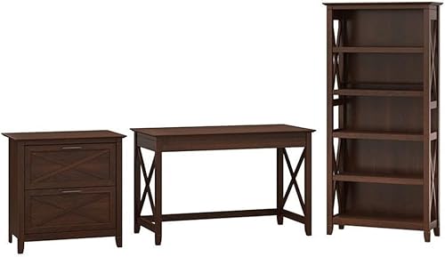 Bush Furniture Key West - Escritorio de 48 W con archivador lateral de 2 cajones y estantería de 5 estantes en Bing Cherry